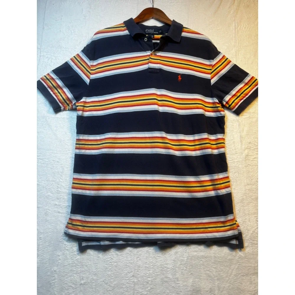 Vintage 90s Ralph Lauren Mens XL Faded Rainbow Striped‎ Collared Polo Shirt